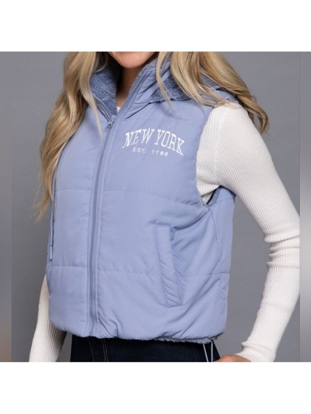 NWT Cozy Hooded Puffer Vest Sherpa Lined Light Blue Small - Large